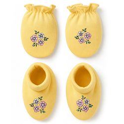 Babyhug 100% Cotton Knit Floral Printed Mittens & Booties - Yellow