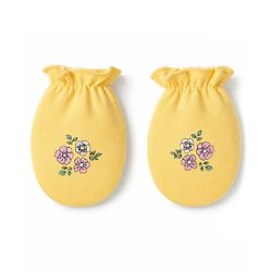 Babyhug 100% Cotton Knit Floral Printed Mittens & Booties - Yellow