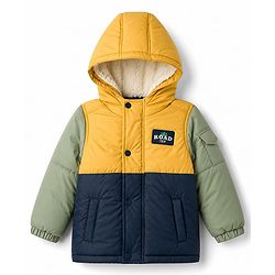 Babyhug Woven Full Sleeves Padded Hooded Jacket with Road Trip Patch -Yellow