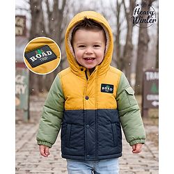 Babyhug Woven Full Sleeves Padded Hooded Jacket with Road Trip Patch -Yellow