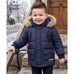 Babyhug Woven Full Sleeves Padded Quilted Jacket with Detachable Hood - Navy Blue