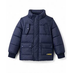 Babyhug Woven Full Sleeves Padded Quilted Jacket with Detachable Hood - Navy Blue