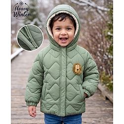 Babyhug Woven Full Raglan  Sleeves  Quilted Hooded Winter Jacket with Lion Patch - Olive