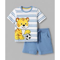 Babyhug 100% Cotton Single Jersey Knit Half Sleeves Striped T-Shirt & Short with Tiger Print - Light Blue
