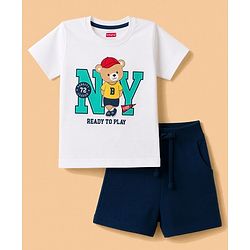Babyhug 100% Cotton Single Jersey Knit Half Sleeves T-Shirt & Shorts With Teddy Bear Print - White