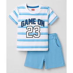 Babyhug 100% Cotton Knit Half Sleeves Striped & Text Printed T-Shirt & Shorts Set - Light Blue