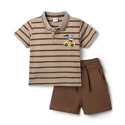 Babyhug 100% Cotton Single Jersey Knit Half Sleeves Striped T-Shirt with Shorts Set Vehicle & Teddy Print - Brown