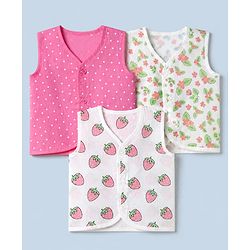Babyhug 100% Cotton Cambric Knit Sleeveless Front Open Jhablas With Strawberry Floral Print Pack of 3 - Pink , Yellow White