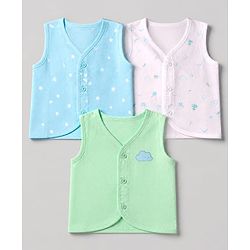 Babyhug 100% Cotton Cambric Woven Front Open Sleeveless Jhablas with Moon Star Cloud Pack of 3 - Light Blue, Light Green, Light Pink