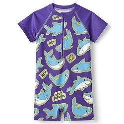 Babyhug Water Repellant Half Raglan Sleeves Legged Swimsuit with Shark Print - Navy Blue