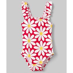 Babyhug Sleeveless Floral Printed Water Repellant V Cut Swimsuit - Red