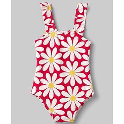 Babyhug Sleeveless Floral Printed Water Repellant V Cut Swimsuit - Red
