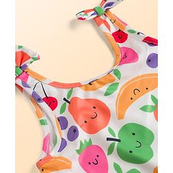 Babyhug Water Repellant Sleeveless V Cut Swimsuit with Fruits Print & Bow Applique - Multicolour