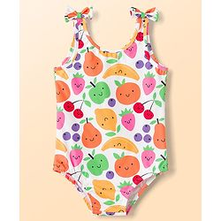 Babyhug Water Repellant Sleeveless V Cut Swimsuit with Fruits Print & Bow Applique - Multicolour