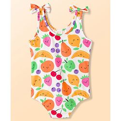 Babyhug Water Repellant Sleeveless V Cut Swimsuit with Fruits Print & Bow Applique - Multicolour