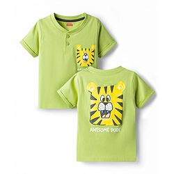 Babyhug Cotton Knit Half Sleeves Tiger Printed Henley Neck T-Shirt - Light Green