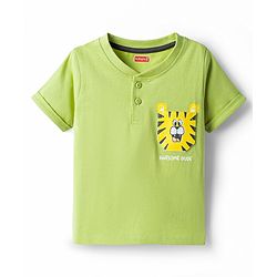 Babyhug Cotton Knit Half Sleeves Tiger Printed Henley Neck T-Shirt - Light Green