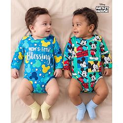 Babyhug Disney Interlock Knit Full Sleeves Onesies with Mickey Mouse Print Pack of 2 - Aqua