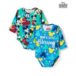 Babyhug Disney Interlock Knit Full Sleeves Onesies with Mickey Mouse Print Pack of 2 - Aqua
