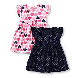 Babyhug Cotton Single Jersey Knit Knee Length Frock with Half Sleeves and Hearts Print Pack of 2 - Pink Navy Blue