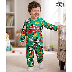 Babyhug Disney Single Jersey Knit Full Sleeves Co-Ords T-Shirt & Pyjama Night Suit with Mickey & Friends  Print - Green