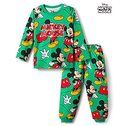Babyhug Disney Single Jersey Knit Full Sleeves Co-Ords T-Shirt & Pyjama Night Suit with Mickey & Friends  Print - Green