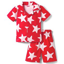 Babyhug 100% Cotton Knit Half Sleeves Co-Ords Shirt & Shorts Night Suit With Star Print - Red
