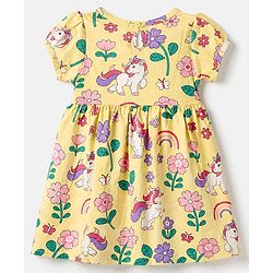 Babyhug Cotton Single Jersey Knit Half Puffed Sleeves Frocks with Floral, Rainbow and Unicorn Print Pack of 2 - Yellow & Red