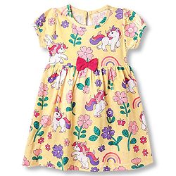Babyhug Cotton Single Jersey Knit Half Puffed Sleeves Frocks with Floral, Rainbow and Unicorn Print Pack of 2 - Yellow & Red