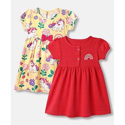Babyhug Cotton Single Jersey Knit Half Puffed Sleeves Frocks with Floral, Rainbow and Unicorn Print Pack of 2 - Yellow & Red