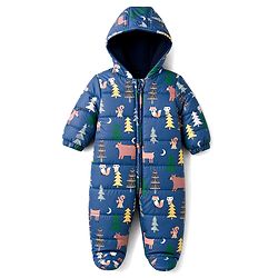 Babyhug Woven Heavy Polyfill Winter Wear Hooded Romper With Animal Print - Navy Blue