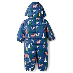 Babyhug Woven Heavy Polyfill Winter Wear Hooded Romper With Animal Print - Navy Blue
