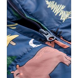 Babyhug Woven Heavy Polyfill Winter Wear Hooded Romper With Animal Print - Navy Blue