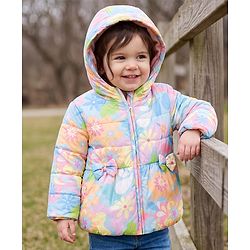 Babyhug Woven Full Sleeves Hooded Padded Jacket with Floral Print & Bow Applique - Light Blue