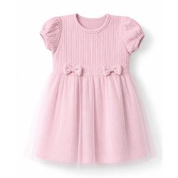 Babyhug Mesh Knit One Piece Dress with Half Sleeves and Bow Detail - Pink