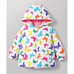 Babyhug Full Sleeves Hooded Winter Wear Set With Butterfly Print - White & Pink