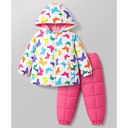 Babyhug Full Sleeves Hooded Winter Wear Set With Butterfly Print - White & Pink