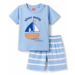 Babyhug 100% Cotton Knit Half Sleeves T-Shirt & Shorts Night Suit with Boat Print - Sky