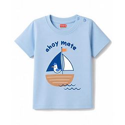 Babyhug 100% Cotton Knit Half Sleeves T-Shirt & Shorts Night Suit with Boat Print - Sky