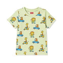 Babyhug 100% Cotton Knit Full Sleeves T-Shirt & Shorts Co-Ord Night Suit With Animal Print - Light Green