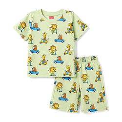 Babyhug 100% Cotton Knit Full Sleeves T-Shirt & Shorts Co-Ord Night Suit With Animal Print - Light Green
