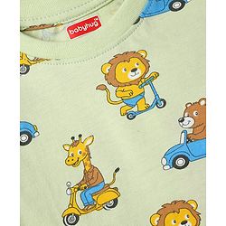 Babyhug 100% Cotton Knit Full Sleeves T-Shirt & Shorts Co-Ord Night Suit With Animal Print - Light Green