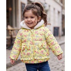 Babyhug Woven Full Sleeves Floral Printed Hoodie With Bow Applique - Yellow