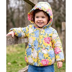 Babyhug Woven Hooded Padded Floral Printed Jacket with Bow - Pink