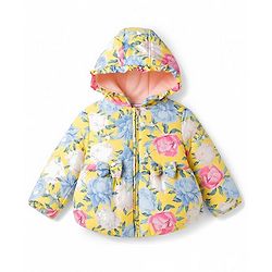 Babyhug Woven Hooded Padded Floral Printed Jacket with Bow - Pink