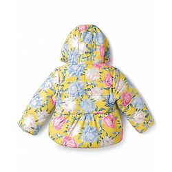 Babyhug Woven Hooded Padded Floral Printed Jacket with Bow - Pink