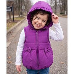 Babyhug Woven Sleeveless Solid  Hooded Padded Jacket with Frill & Bow - Purple
