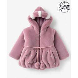 Babyhug Fur Woven Hoodie Jacket with Full Sleeves and Pearls Embellishment - Pink