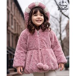 Babyhug Fur Woven Hoodie Jacket with Full Sleeves and Pearls Embellishment - Pink