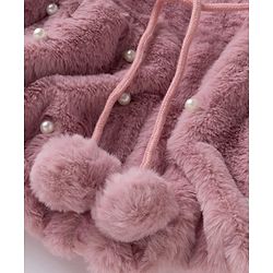 Babyhug Fur Woven Hoodie Jacket with Full Sleeves and Pearls Embellishment - Pink